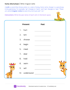 Write irregular verbs - Giraffe | Grammar Worksheet