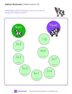 Addition Maze (Sums to 10) - Cow | Math Worksheet