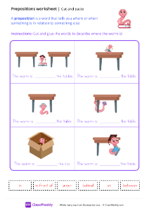 Cut and Paste Prepositions - Book Worm | Grammar Worksheet