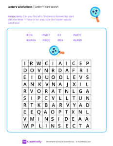 Letter I word search - Happy Search | Reading & Writing Worksheet