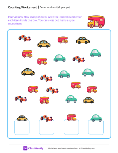 Count and sort (4 groups) - Cars | Math Worksheet