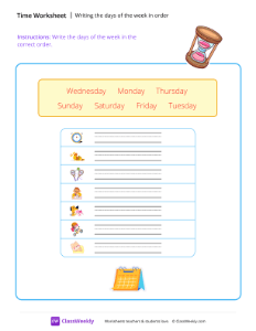 Writing the days of the week in order - Clock | Math Worksheet