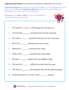 Comparative and Superlative adjectives - More & most | Grammar Worksheet