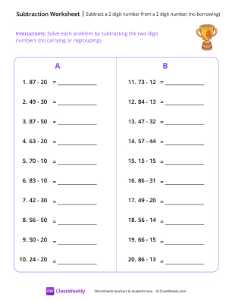 Two Digit Subtraction - Gold Cup | Math Worksheet