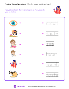 The five senses (match and trace) - Sensing | Reading & Writing Worksheet