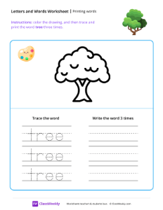 Printing words - Tree | Reading & Writing Worksheet