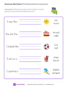 Completing Sentences With Pictures - Diving Frog | Reading & Writing Worksheet