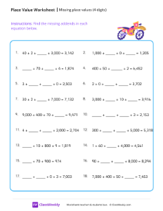 Missing place values (4 digits) - Motorcycle | Math Worksheet