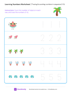 Tracing & counting numbers in sequence (1-5) - Palm Tree | Math Worksheet