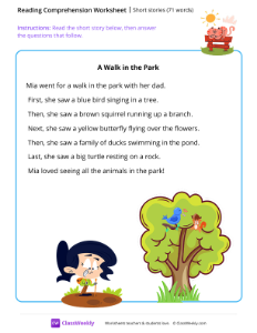 Short stories (71 words) - A Walk in the Park | Reading & Writing Worksheet