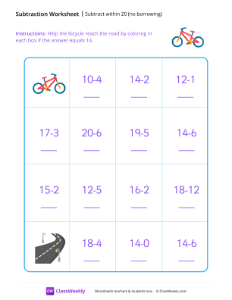 worksheet-Subtract-within-20-(no-borrowing)---Bike