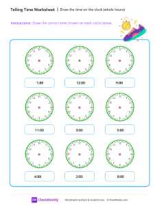 Draw the time on the clock (whole hours) - Race | Math Worksheet