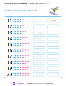 Writing number words (11-20) - Ski | Math Worksheet