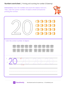 Count and Print (20) - Hello Fox | Math Worksheet