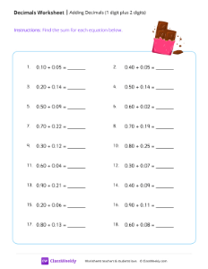 Adding Decimals (1 digit plus 2 digits) - Chocolate | Math Worksheet