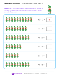 Count objects and subtract within 10 - Elf | Math Worksheet