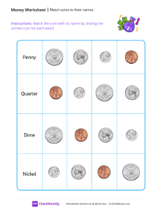 Match coins to their names - Purple Bag | Math Worksheet