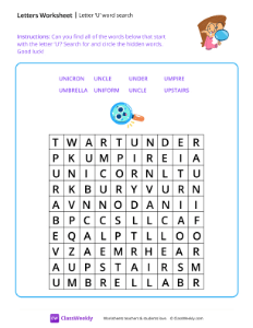 Letter U word search - Lost | Reading & Writing Worksheet