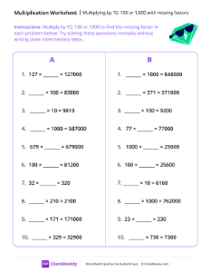 Multiplying by 10, 100 or 1,000 with missing factors - Diamond Shades | Math Worksheet