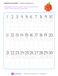 Number writing practice (1-30) - Apple | Math Worksheet