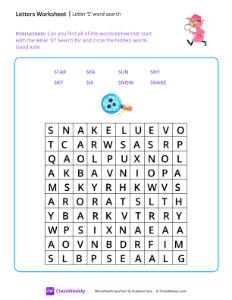 Letter S word search - Pink Jacket | Reading & Writing Worksheet