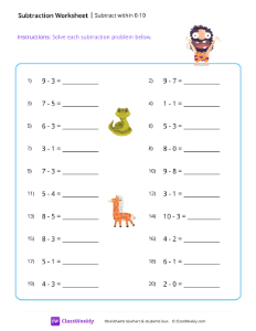 Subtract within 0-10 - Wave | Math Worksheet