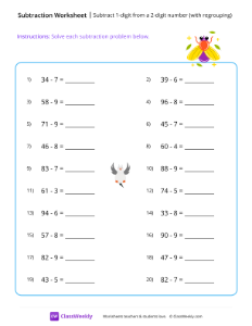 Subtract 1-digit from a 2-digit number (with regrouping) - Fly | Math Worksheet