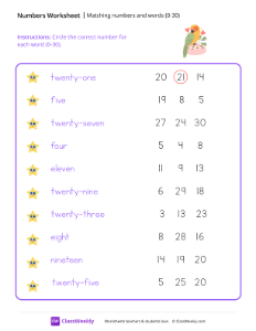 Numbers and Words (0-30) - Lovebird | Math Worksheet