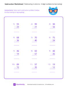 Subtracting in columns - 2-digit numbers (no borrowing) - Cat Shades | Math Worksheet