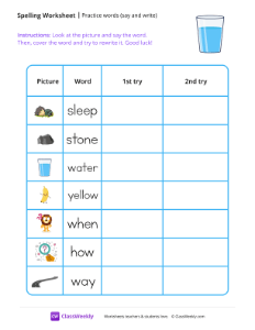 Practice words (say and write) - Water | Reading & Writing Worksheet