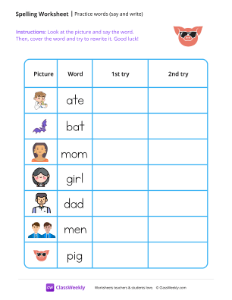 Practice words (say and write) - Hog | Reading & Writing Worksheet