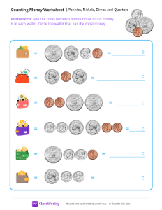 Counting Money - Pennies, Nickels, Dimes and Quarters | Math Worksheet