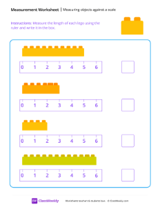 Measuring objects against a scale (length) - Lego | Math Worksheet