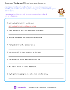 Simple to compound sentences - Food | Reading & Writing Worksheet