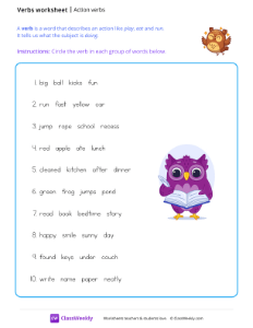 Action Verbs - Owl | Grammar Worksheet