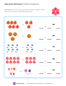 Subtract using pictures - Flower | Math Worksheet