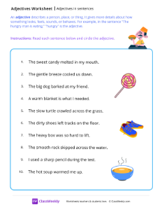 Adjectives in sentences - Hungry | Grammar Worksheet