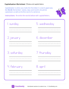 Dates and Capital Letters - Purple Butterfly | Reading & Writing Worksheet