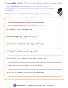 Simple to compound sentences (with connecting words) - Walk | Reading & Writing Worksheet