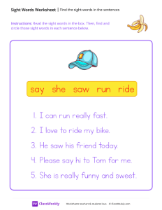 Find the sight words in the sentences - Banana | Reading & Writing Worksheet