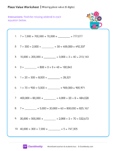 Missing place value (6 digits) - Flowers | Math Worksheet