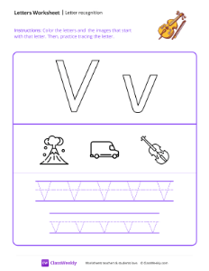 Letter Recognition (V) - Violin | Reading & Writing Worksheet