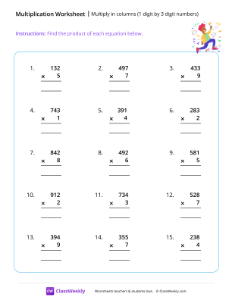 Multiply 1 by 3 digit numbers - Happy | Math Worksheet