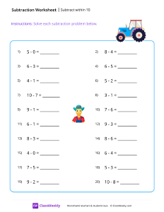 Subtract within 10 - Tractor | Math Worksheet