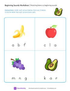 Matching Letters to Beginning Sounds - Avocado | Reading & Writing Worksheet