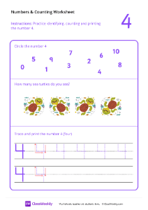 Counting and Tracing Numbers: 4 | Math Worksheet