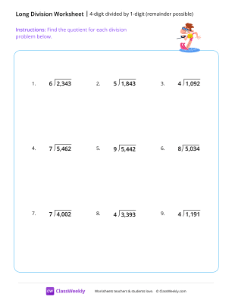 4-digit divided by 1-digit (remainder possible) - Ski | Math Worksheet