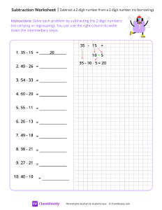 Subtract a 2-digit number from a 2-digit number (no borrowing) - Purple Guy | Math Worksheet