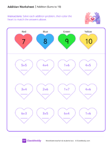 Addition (Sums to 10) - Heart Hands | Math Worksheet