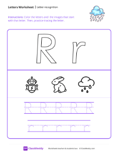 Letter Recognition (R) - Rain | Reading & Writing Worksheet